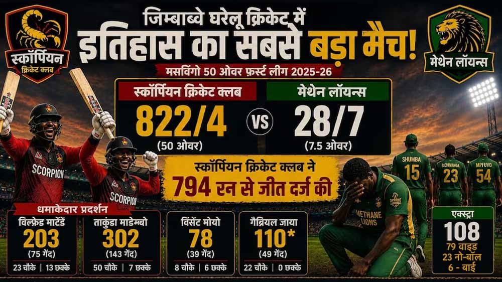 जिम्बाब्वे क्रिकेट में कोहराम, स्कॉर्पियन ने 822 रन ठोककर रचा इतिहास